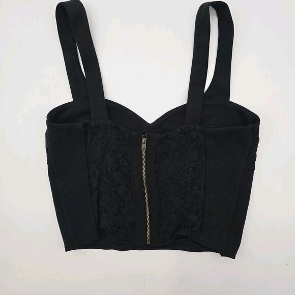 By Anthropologie Top Womens XS Black Tank Cropped Zip Back Corset Knit Lace - Picture 6 of 12